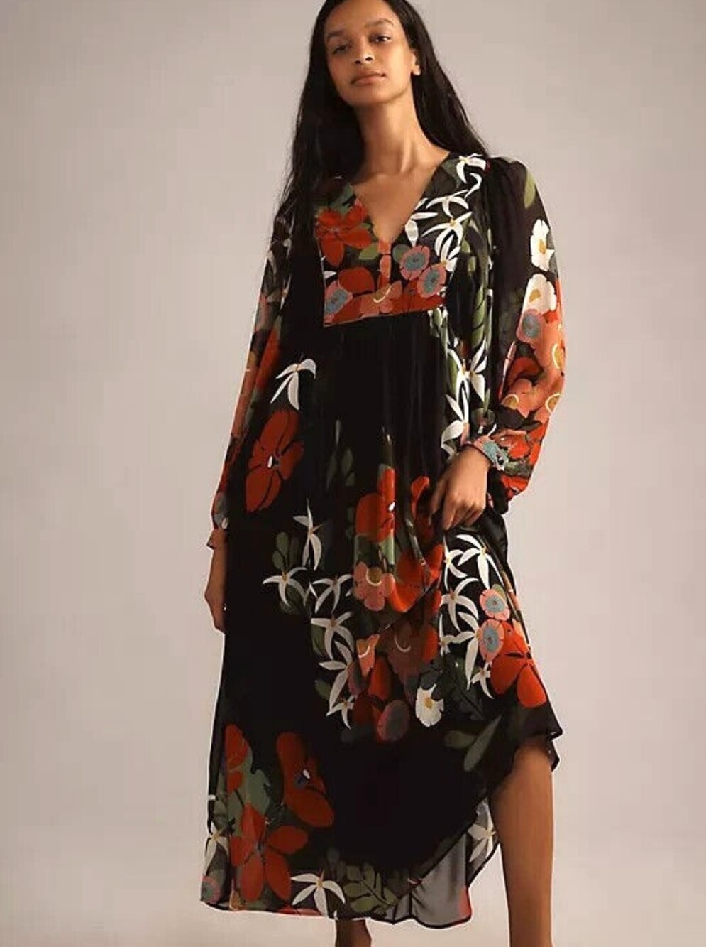 FARM RIO X ANTHROPOLOGIE Black Floral V-Neck Maxi Dress with Red & Green Blooms